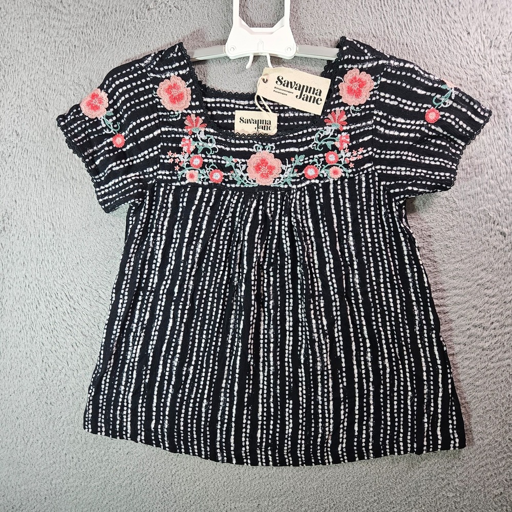 NEW Savanna Jane Embroidered Top Cottoncore Women Small Floral Black White Boho